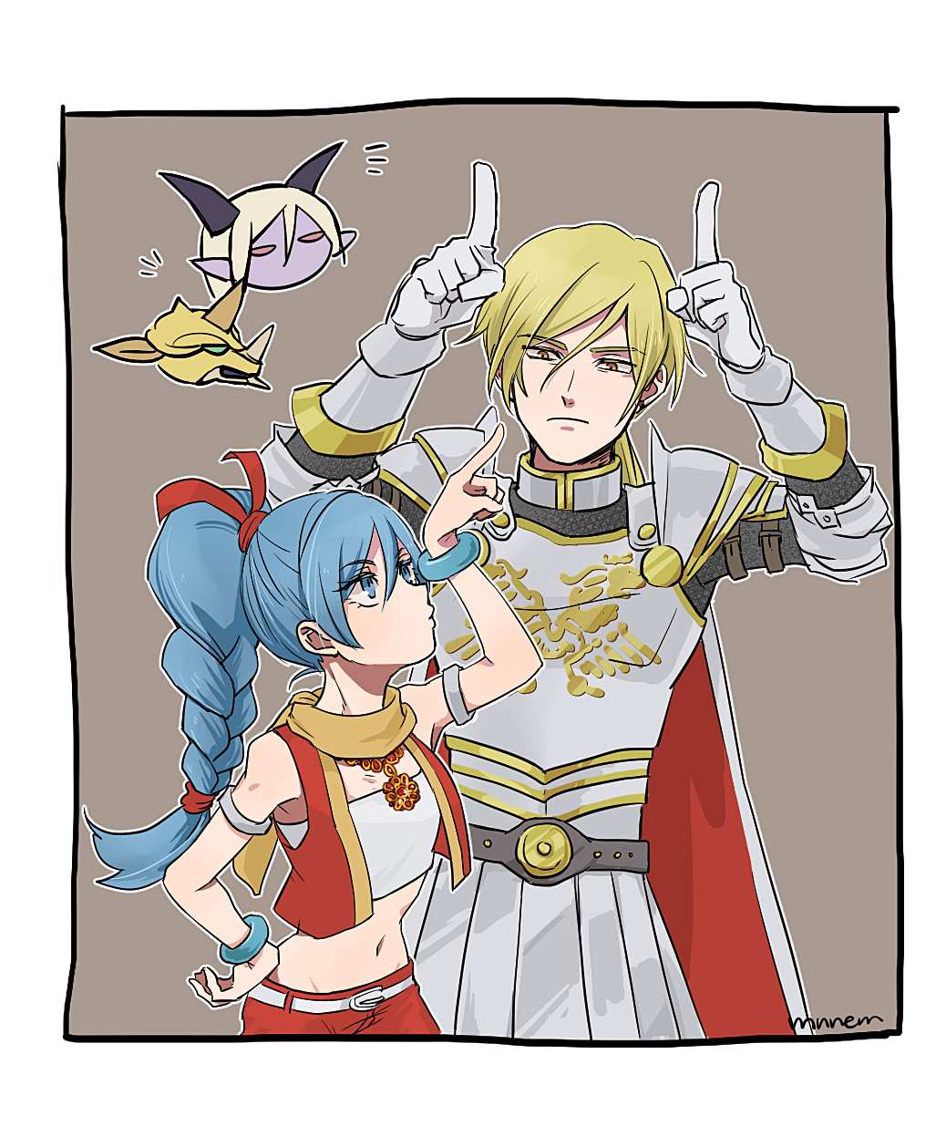 1boy, 1girl, armlet, armor, artist_name, belt, black_horns, blonde_hair