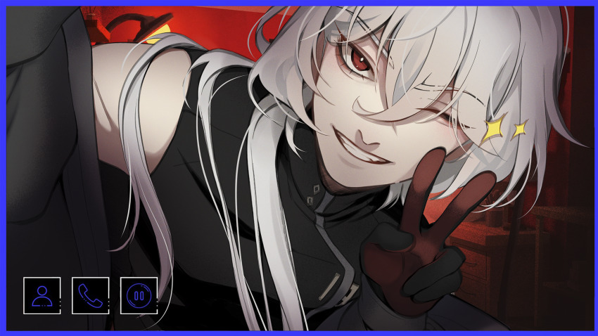 :d, a_date_with_death, bedroom, black_gloves, blue_border, border, camera, casper_(a_date_with_death)