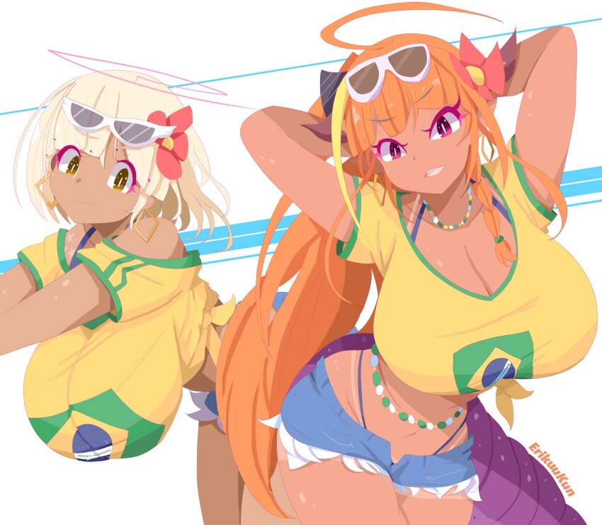 2girls, :3, ahoge, blonde_hair, brazilian_flag, brazilian_flag_print, brazilian_miku, brazilian_miku_(cosplay)