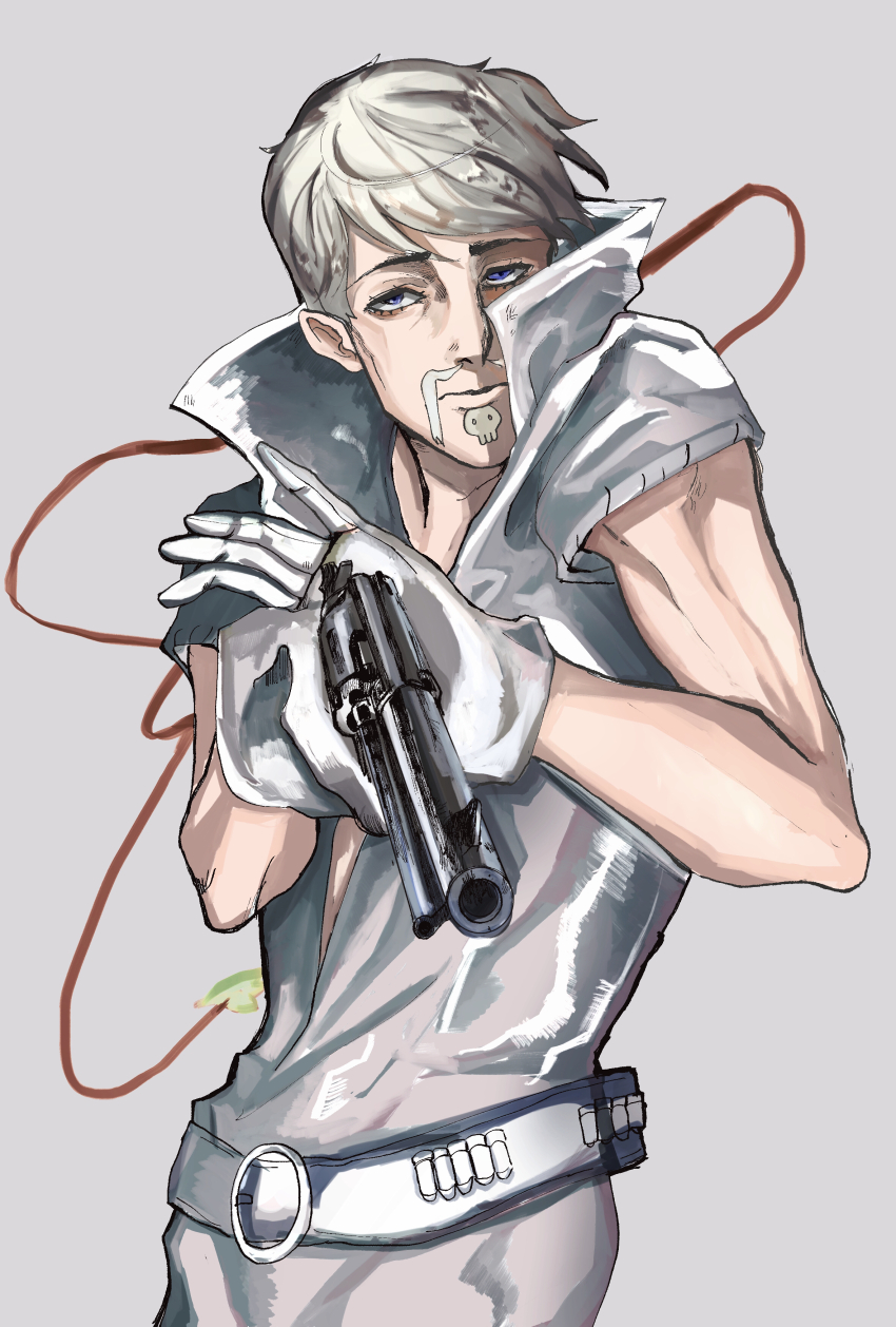 1boy, absurdres, beard, belt, blue_eyes, cable, commentary_request, facial_hair