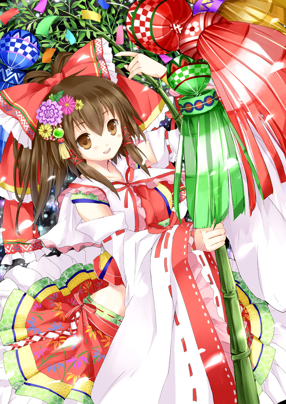 1girl, bamboo, bow, brown_eyes, brown_hair, detached_sleeves, embellished_costume, female_focus
