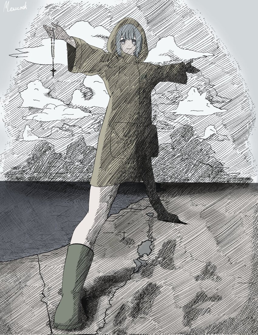 1girl, blue_eyes, blue_hair, boots, cecil_rhodes, cross, dirty_footwear, green_boots, highres, jubilee_2025, latin_cross, location_request, luce_(jubilee_2025), mewenek, raincoat, real_world_location, rosary, rubber_boots, short_hair, the_rhodes_colossus, yellow_raincoat