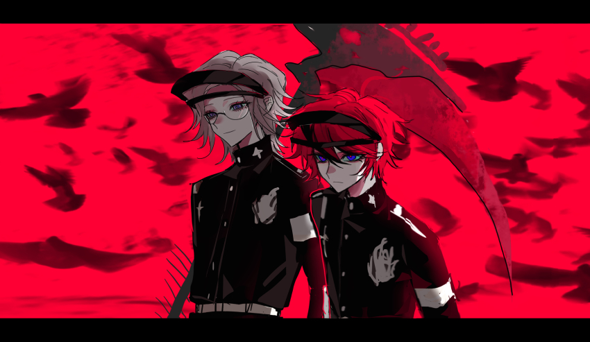 2boys, aotsuki_eito, armband, belt, bird, black_hair, black_jacket, blue_eyes