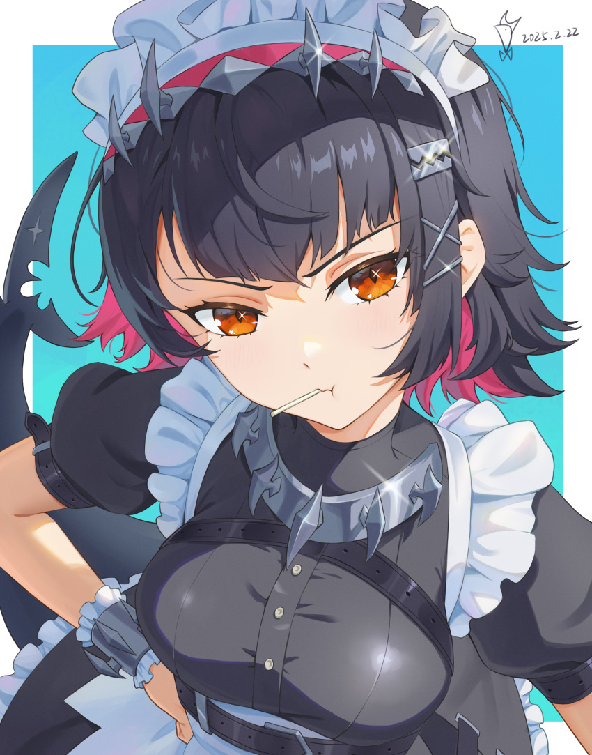 1girl, absurdres, apron, black_hair, blue_background, breasts, candy, closed_mouth