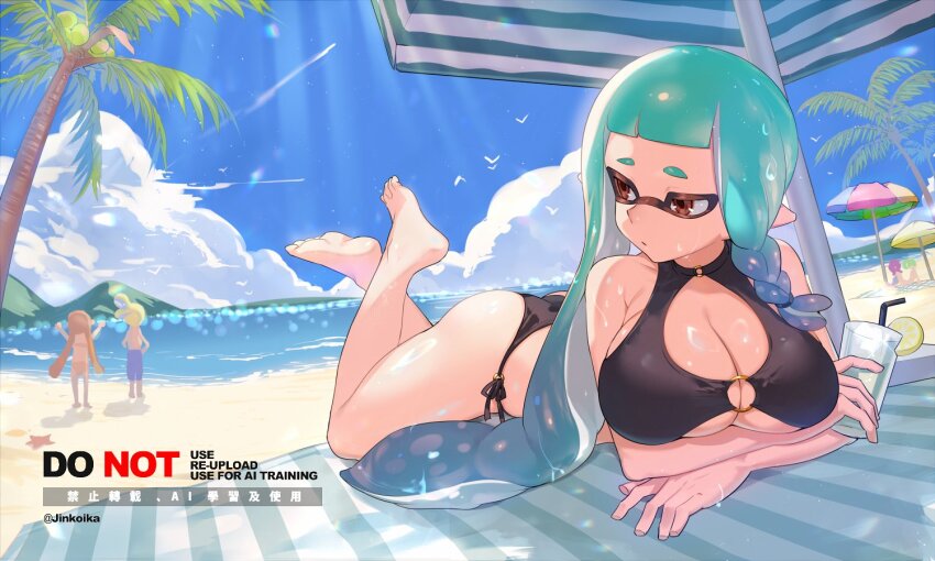 2boys, 3girls, animal, barefoot, beach, beach_towel, beach_umbrella, bikini