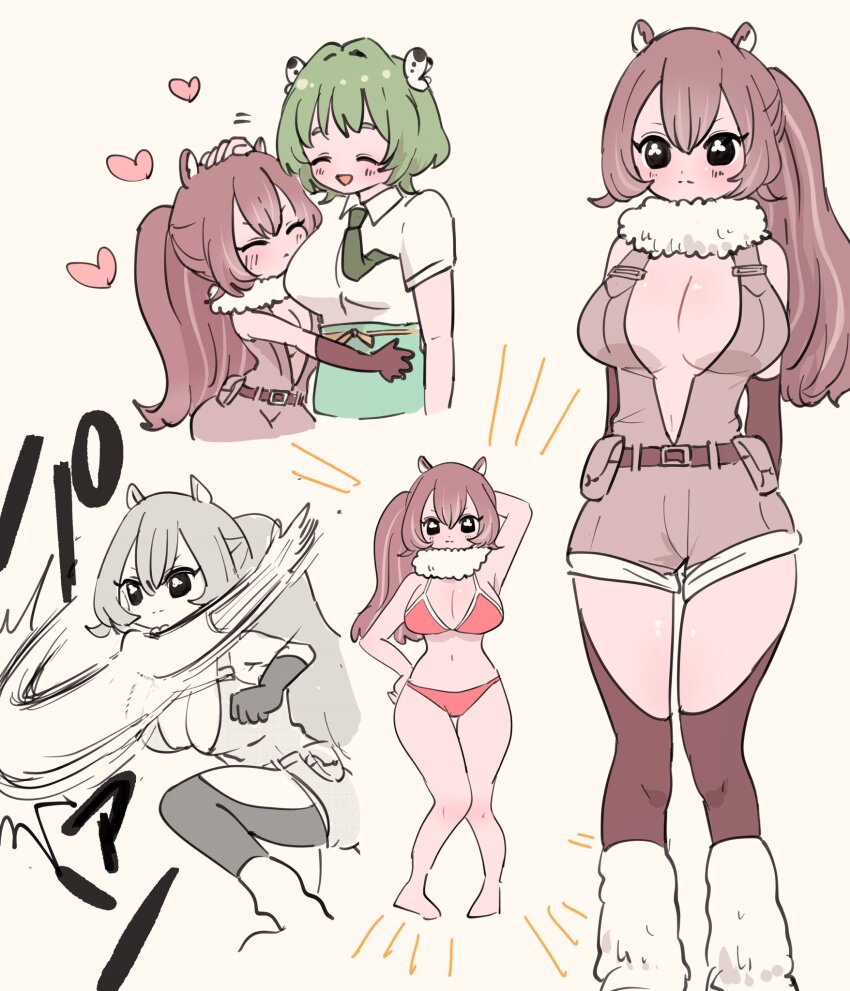 2girls, ^_^, animal_ears, arm_behind_head, arm_up, arms_behind_back, belt, belt_pouch