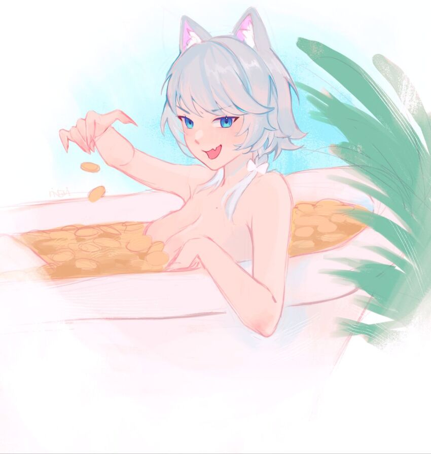 1girl, animal_ears, bathtub, blue_eyes, breasts, cat_ears, cat_girl, cipher_(honkai:_star_rail), coin, completely_nude, fang, gold_coin, grey_hair, hashtag-only_commentary, highres, honkai:_star_rail, honkai_(series), large_breasts, nude, open_mouth, rinsmeray, short_hair_with_long_locks, skin_fang, solo, treasure