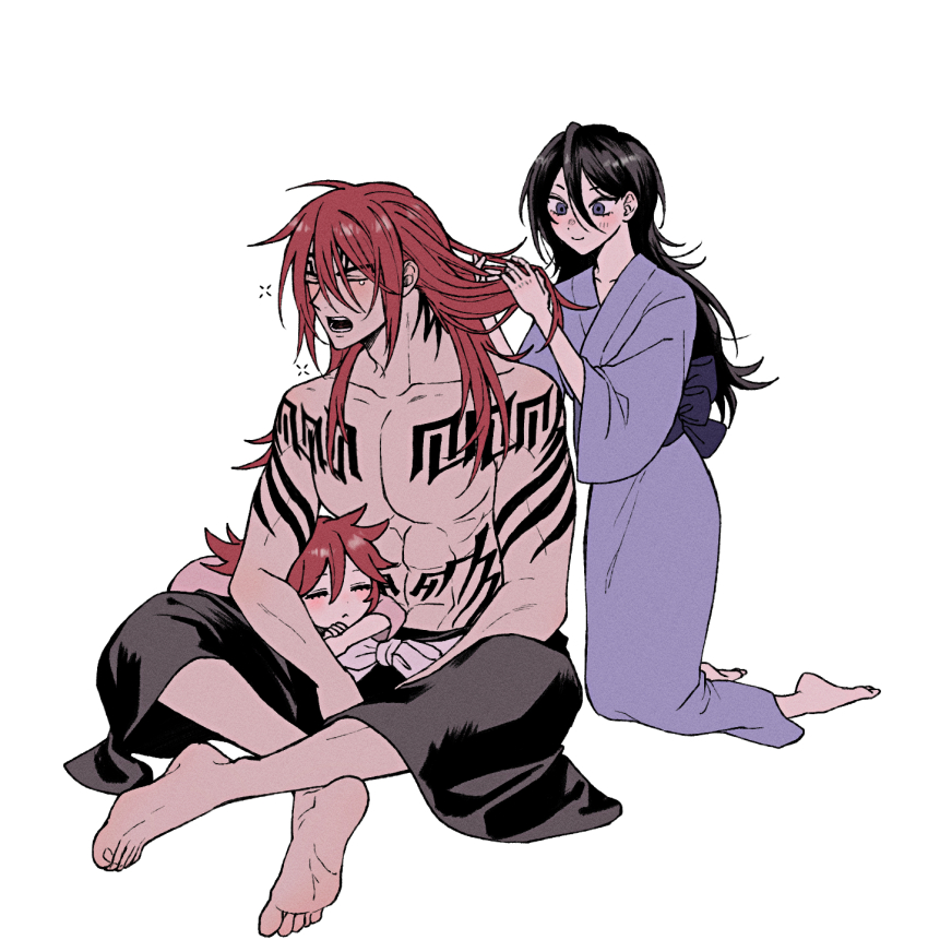 1boy, 2girls, abarai_ichika, abarai_renji, amugonagurim, black_hair, bleach, bleach:_epilogue, closed_eyes, closed_mouth, father_and_child, father_and_daughter, hair_between_eyes, highres, holding, husband_and_wife, japanese_clothes, kimono, kuchiki_rukia, long_hair, mother_and_child, mother_and_daughter, multiple_girls, open_mouth, parent_and_child, ponytail, purple_eyes, purple_kimono, red_hair, simple_background, smile, tattoo, tying_hair, white_background