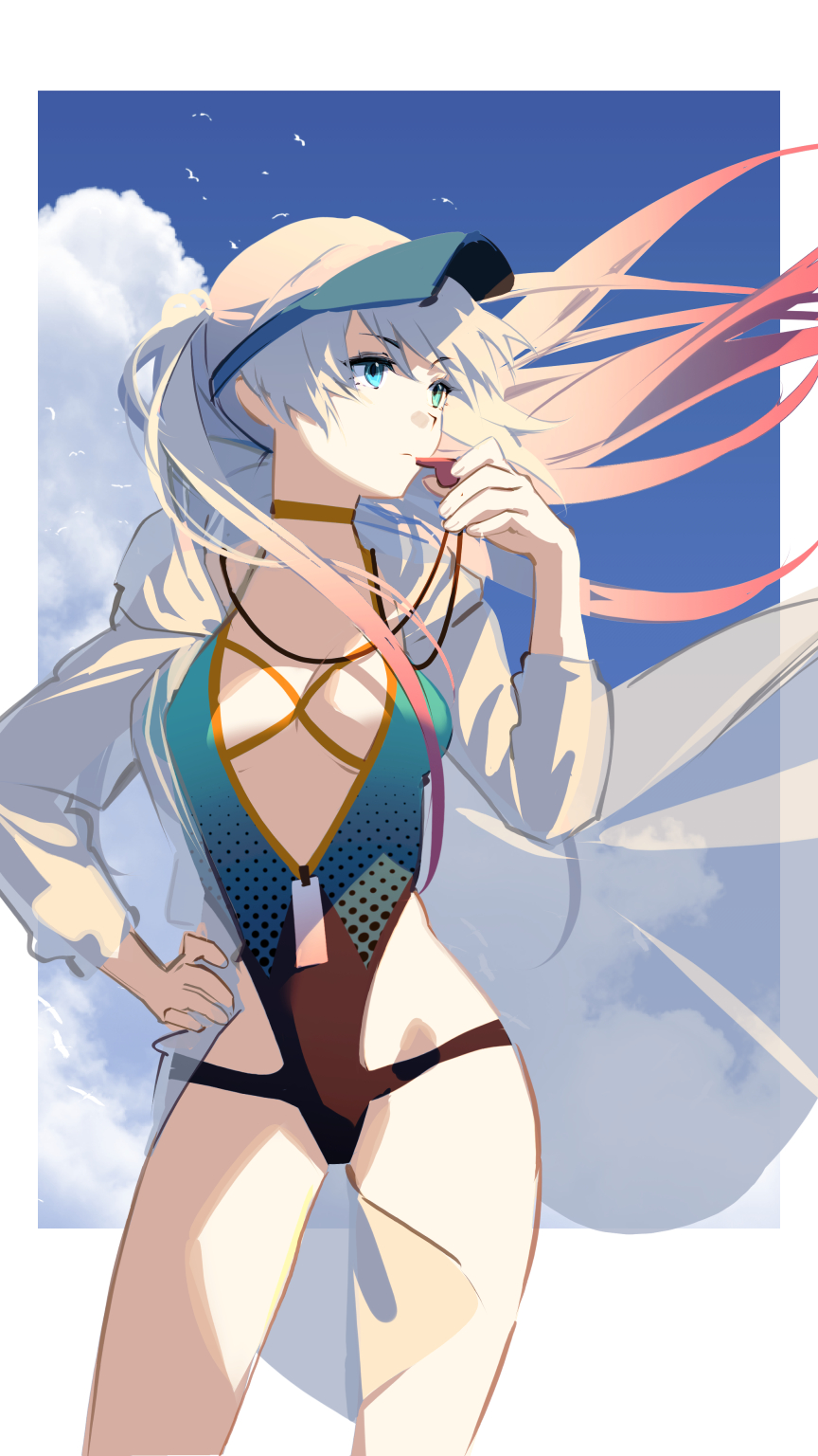 1girl, aqua_eyes, breasts, closed_mouth, cloud, cloudy_sky, commentary, cowboy_shot