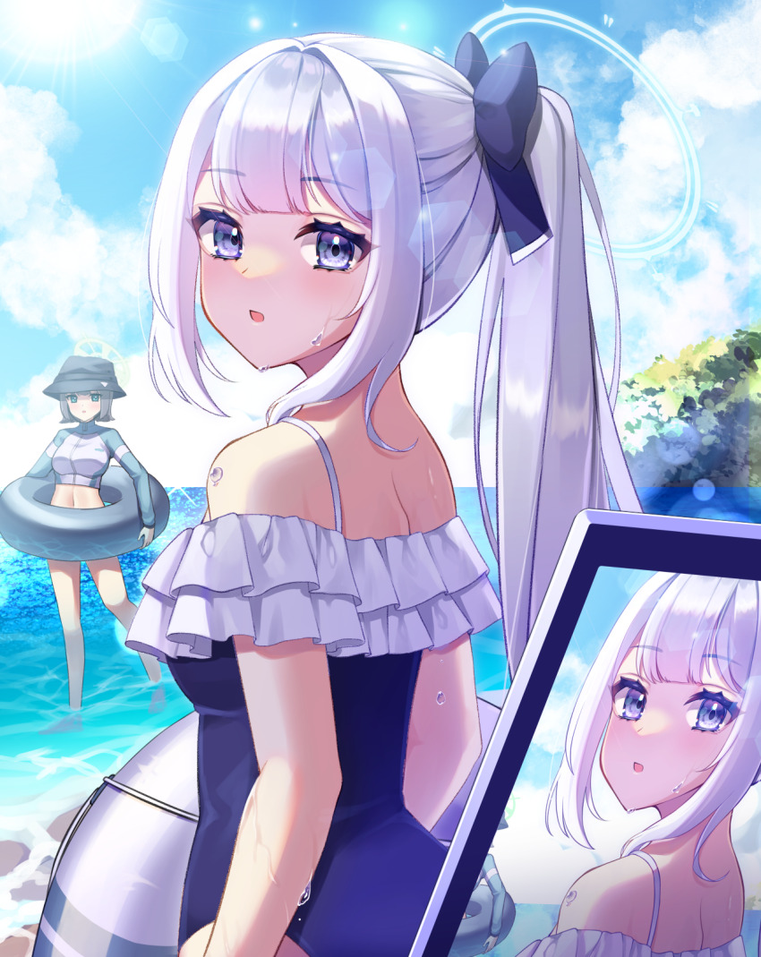 2girls, aqua_eyes, barefoot, beach, black_hat, blue_archive, blue_halo, blue_sky