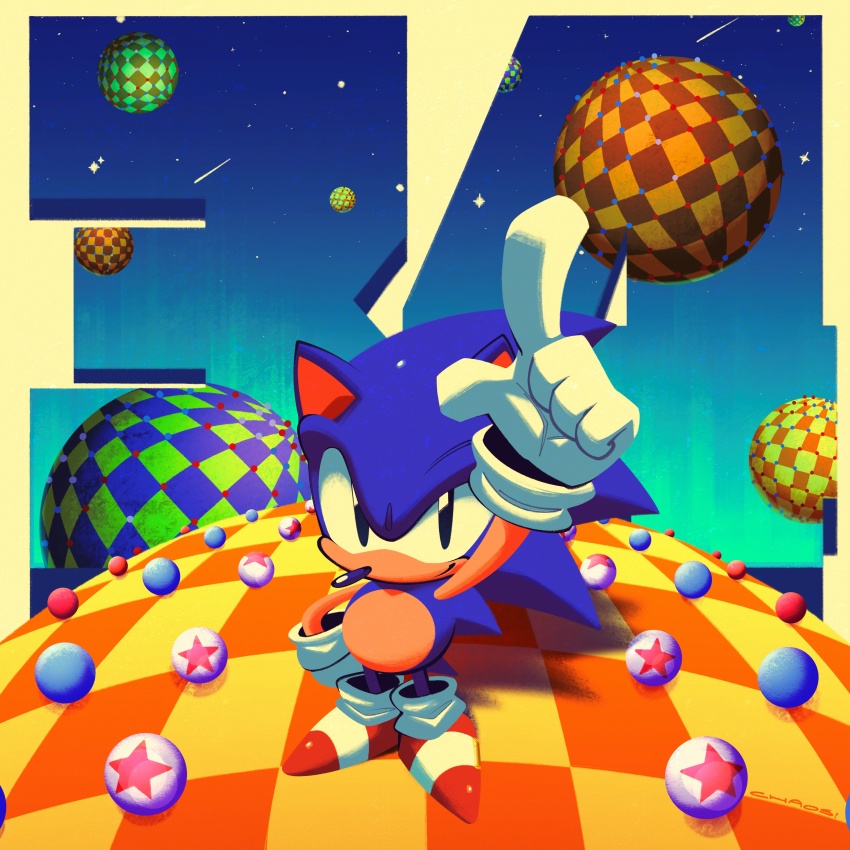 1boy, absurdres, animal_ears, animal_nose, anniversary, black_eyes, blue_fur, chaoslose, commentary, english_commentary, foreshortening, furry, furry_male, gloves, highres, index_finger_raised, looking_at_viewer, official_art, orb, outstretched_arm, red_shoes, second-party_source, shoes, shooting_star, solo, sonic_(series), sonic_mania, sonic_the_hedgehog, sonic_the_hedgehog_(classic), sonic_the_hedgehog_3, standing, star_(sky), white_gloves