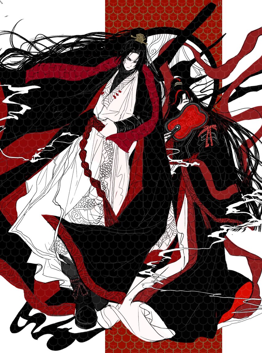 1boy, 1girl, absurdres, adjusting_belt, arm_behind_back, black_boots, black_cloak, black_hair