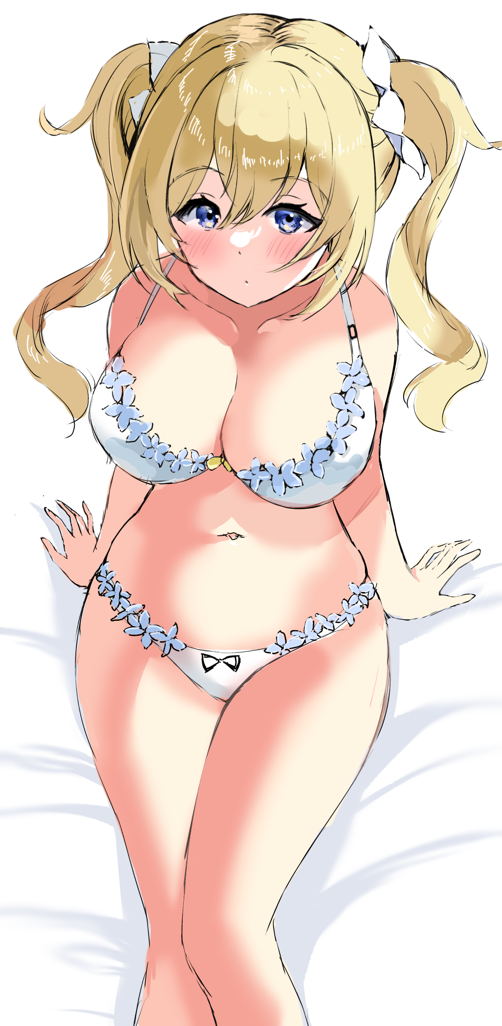 1girl, arms_behind_back, barbara_(genshin_impact), blonde_hair, blue_eyes, blush, bow, bow_bra