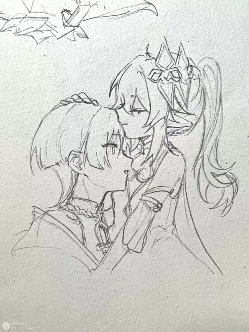 1boy, 1girl, armlet, art_tools_in_frame, blunt_ends, bodysuit, cape, closed_eyes