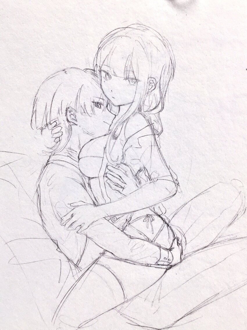 1boy, 1girl, alternate_costume, blunt_bangs, blunt_ends, braid, breasts, closed_mouth, expressionless, eyelashes, genshin_impact, graphite_(medium), hand_on_another's_arm, hand_on_another's_ass, hand_on_another's_back, hand_on_another's_nape, highres, hug, huiyue1016, incest, large_breasts, lingerie, long_hair, long_sleeves, looking_at_viewer, low-braided_long_hair, low-tied_long_hair, mole, mole_under_eye, mother_and_child, mother_and_son, off_shoulder, panties, pants, parent_and_child, raiden_shogun, scaramouche_(genshin_impact), shirt, side-tie_panties, sideways_mouth, single_sidelock, sitting, sleeve_cuffs, smile, straddling, thighhighs, traditional_media, tsurime, underwear, upright_straddle