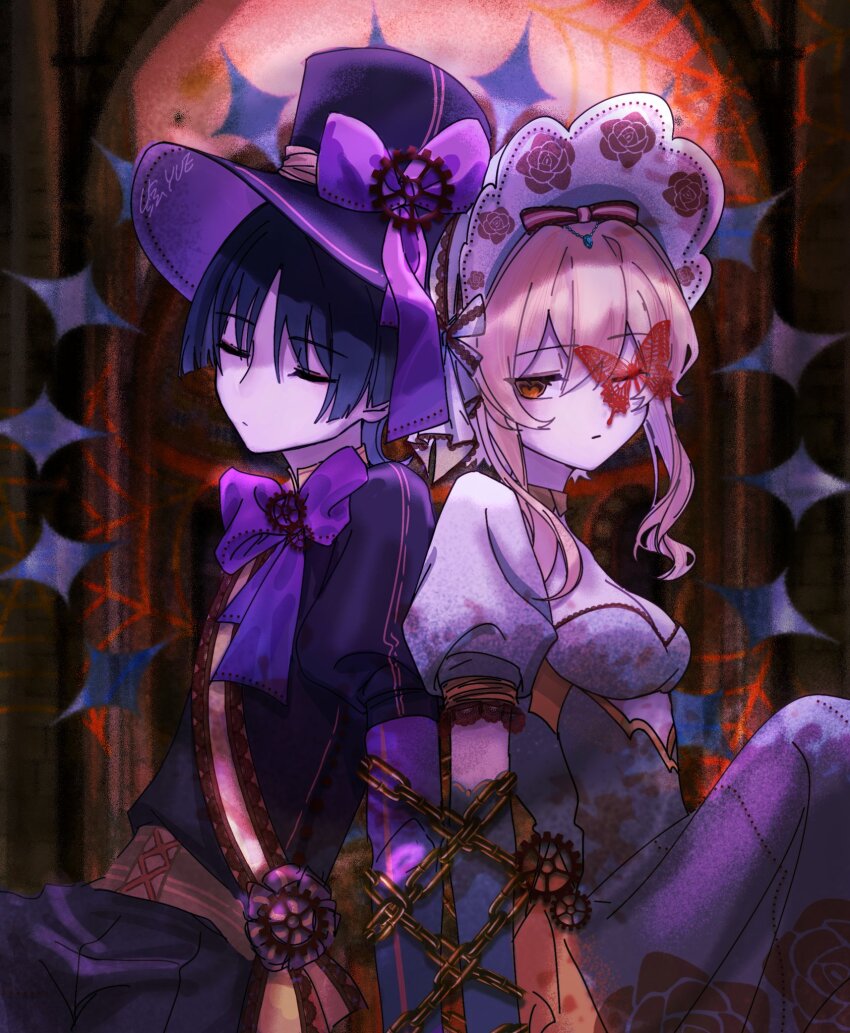 1boy, 1girl, alternate_costume, aqua_gem, arm_at_side, artist_name, back-to-back, black_hair