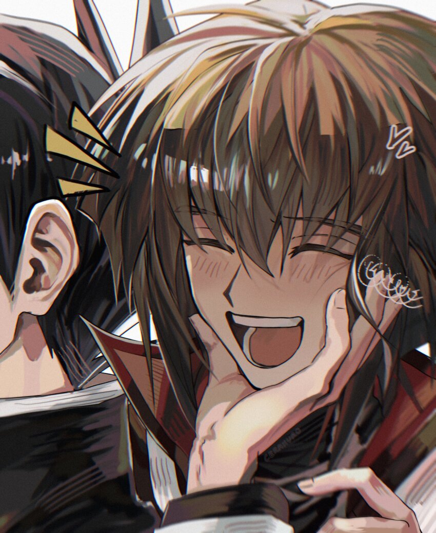 2boys, black_hair, black_jacket, blush, brown_hair, cerakuro, closed_eyes, collared_jacket