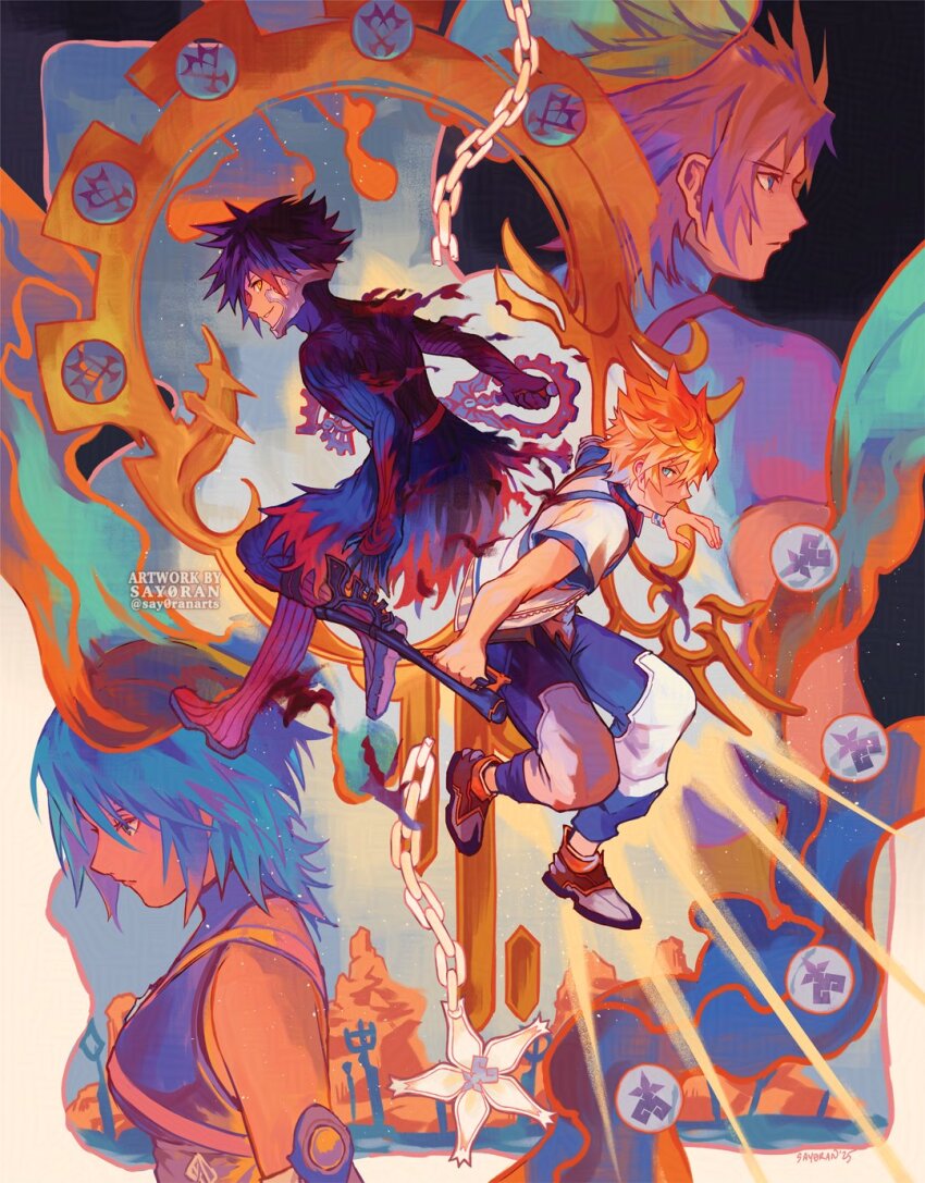 1girl, 3boys, aqua_(kingdom_hearts), black_bodysuit, black_hair, blonde_hair, blue_eyes, blue_hair, blue_pants, blue_shirt, blue_trim, bodysuit, broken, broken_chain, brown_hair, brown_shoes, chain, chain_necklace, commentary, english_commentary, gradient_hair, highres, holding, holding_weapon, jewelry, keyblade, kingdom_hearts, kingdom_hearts_birth_by_sleep, knee_up, looking_back, multicolored_hair, multiple_boys, necklace, pants, parted_lips, red_hair, say0ran, shirt, shoes, short_hair, sleeveless, sleeveless_shirt, smile, spiked_hair, terra_(kingdom_hearts), twitter_username, two-tone_pants, vanitas_(kingdom_hearts), ventus_(kingdom_hearts), void_gear, watermark, wayward_wind, weapon, white_pants, white_shirt