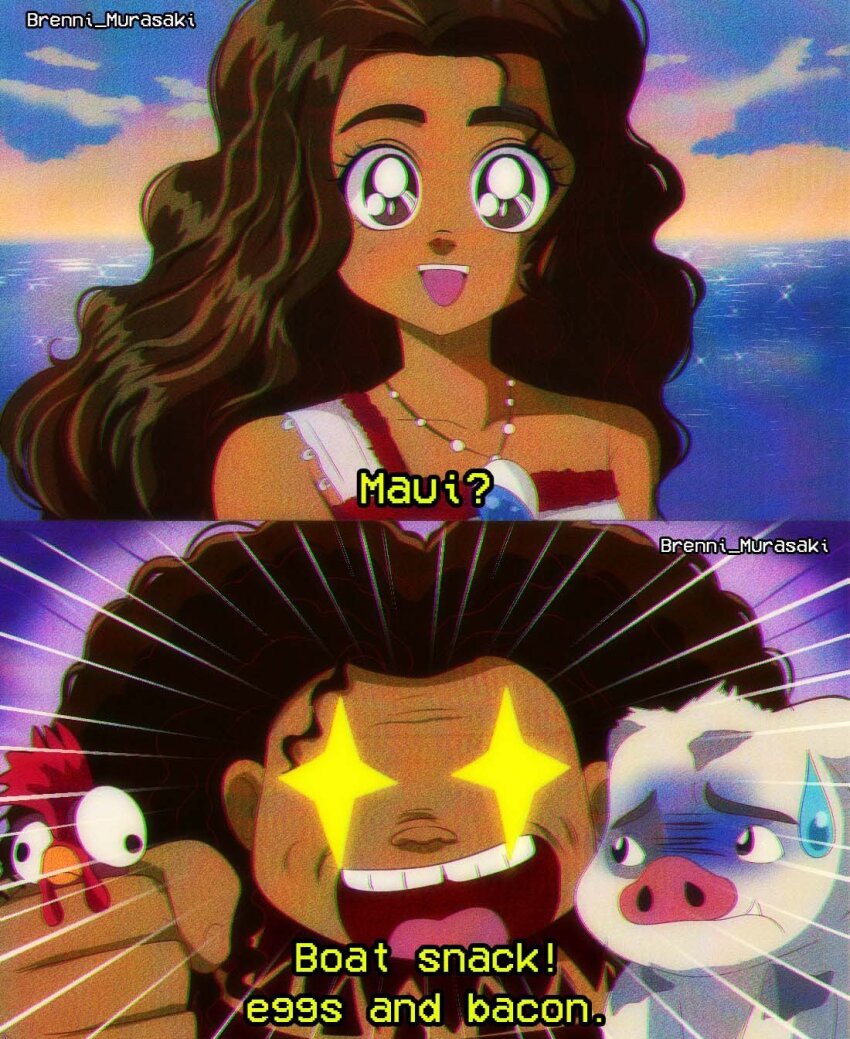 1990s_(style), 1boy, 1girl, artist_name, bare_shoulders, bird, brenni_murasaki, brown_eyes