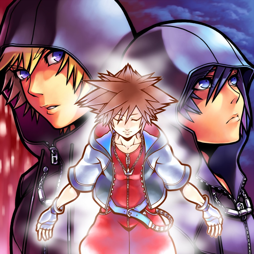 1girl, 2boys, bad_id, bad_pixiv_id, banana_gyuunyuu, black_coat_(kingdom_hearts), black_hair, blonde_hair