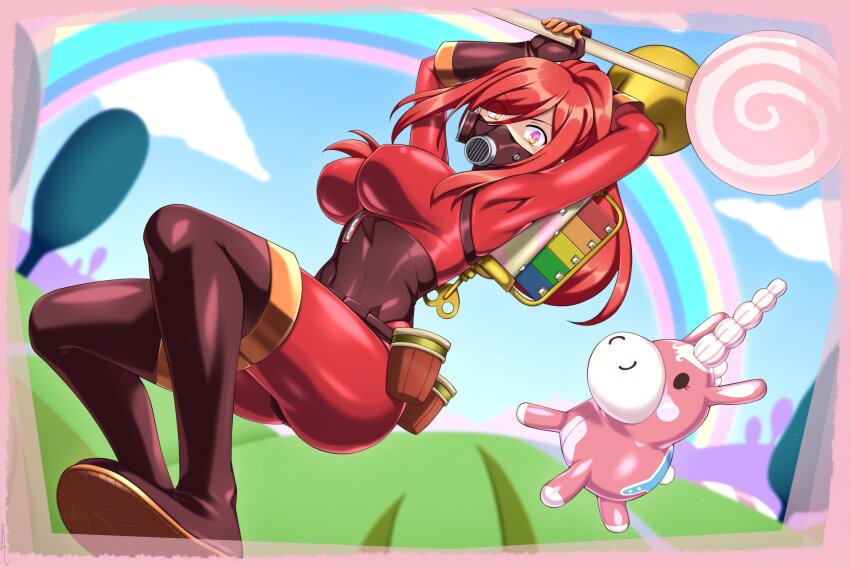 1girl, absurdres, balloonicorn, blue_sky, bodysuit, boots, breasts, candy, commission, food, genderswap, genderswap_(otf), gloves, highres, holding, holding_candy, holding_food, holding_lollipop, holding_weapon, large_breasts, latex, latex_bodysuit, latex_gloves, latex_legwear, lindaroze, lollichop, lollipop, long_hair, mask, outdoors, pink_eyes, ponytail, pyro_(tf2), rainbow, red_bodysuit, red_hair, red_pyro_(tf2), respirator, second-party_source, sky, solo, team_fortress_2, thigh_boots, weapon