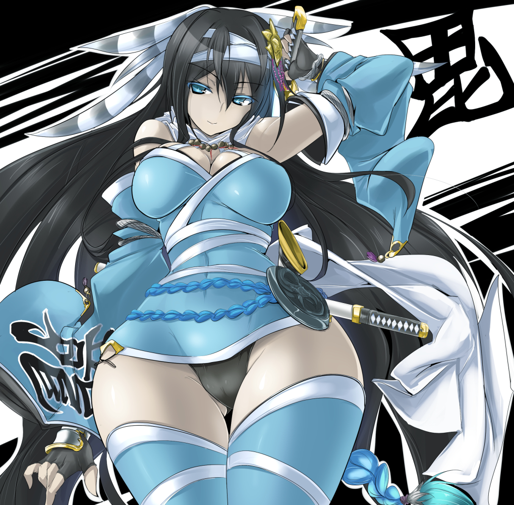 1girl, bad_id, bad_pixiv_id, black_hair, black_panties, blue_eyes, blue_thighhighs, breasts, cameltoe, cleavage, colored_eyelashes, curvy, detached_sleeves, female_focus, fingerless_gloves, gloves, hair_ribbon, hip_focus, large_breasts, long_hair, looking_at_viewer, momio, pale_skin, panties, ribbon, sengoku_taisen, smile, solo, thighhighs, uesugi_kenshin_(sengoku_taisen), underwear, weapon, wide_hips