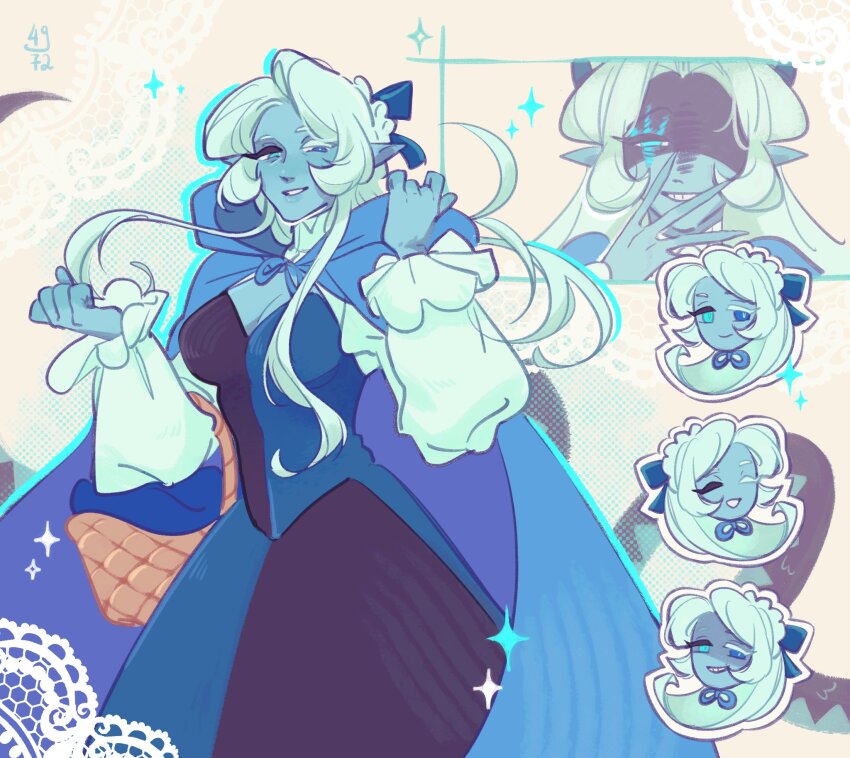 1girl, blue_dress, blue_skin, breasts, colored_skin, cookie_run, cookie_run:_kingdom, dress, evil_grin, evil_smile, grin, heterochromia, highres, long_hair, shadow_milk_cookie, lady_in_azure, slit_pupils, smile, solo, usel_e, very_long_hair, white_hair