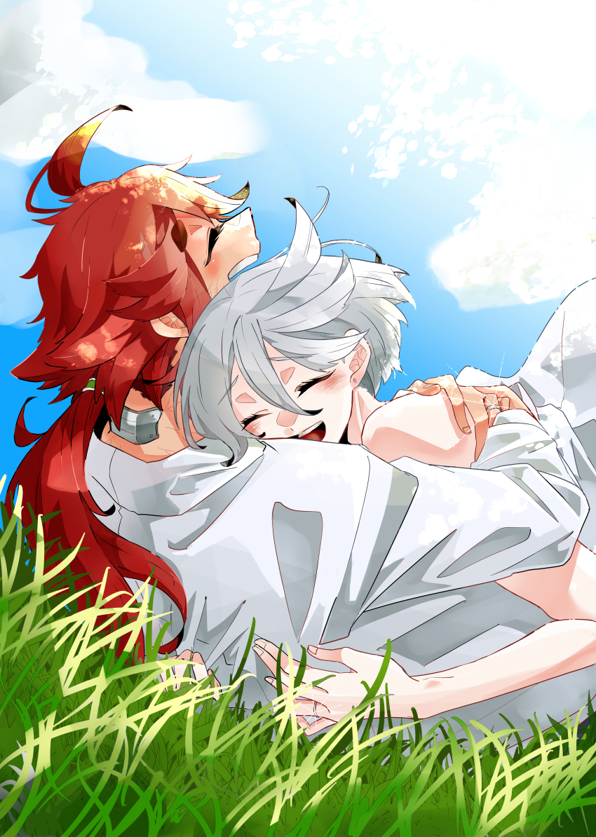 2girls, absurdres, blue_sky, blush, closed_eyes, cloud, commentary_request, dark-skinned_female