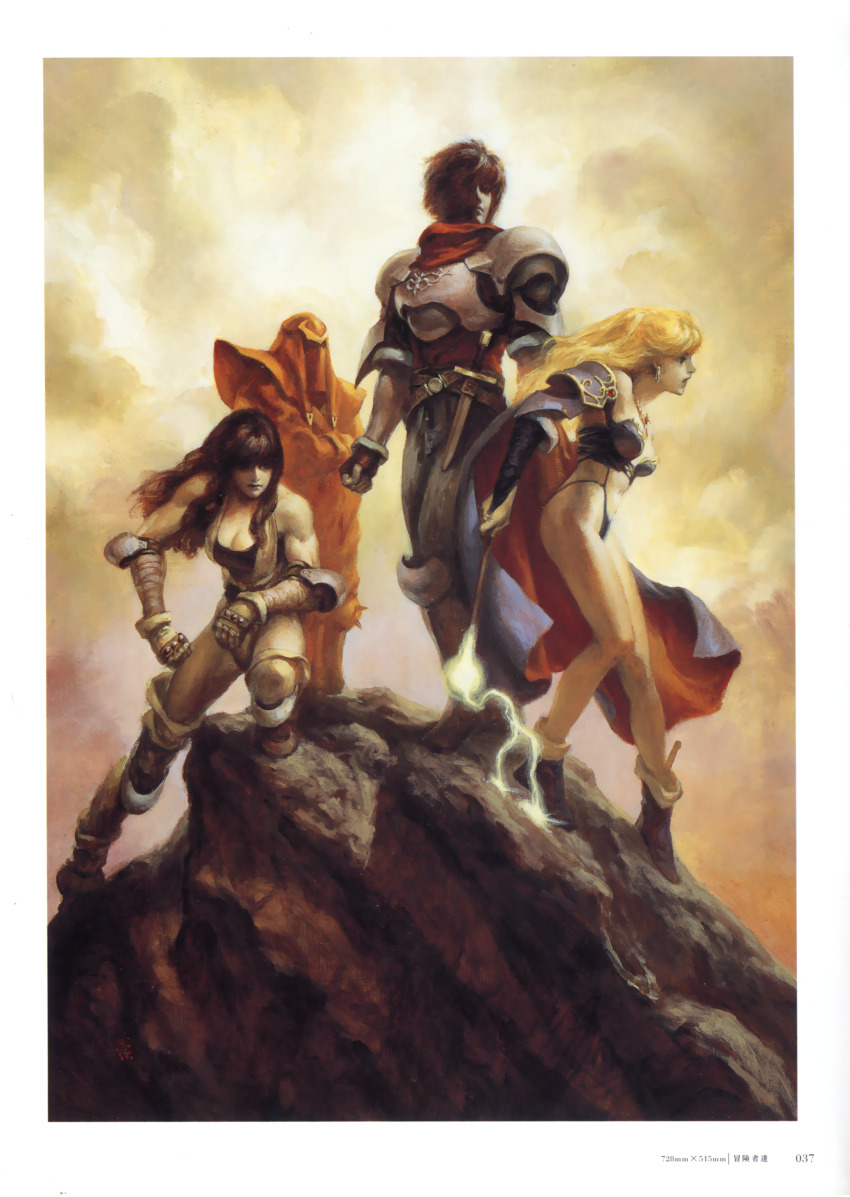 2boys, 2girls, absurdres, ares_toraernos, armor, artbook, belt, bikini_armor, black_hair, blonde_hair, boots, border, bra, brandish, breastplate, breasts, brown_hair, cape, cleavage, dela_delon, elbow_gloves, elbow_on_knee, energy, fingerless_gloves, gauntlets, gloves, highres, jinza_(brandish), leotard, long_hair, mask, multiple_boys, multiple_girls, ninja, official_art, on_rock, pauldrons, purple_boots, purple_bra, purple_cape, purple_gloves, robe, scan, scarf, sheath, sheathed, short_hair, shoulder_armor, single_pauldron, squatting, suemi_jun, sword, thong_leotard, umber_(brandish), underwear, wand, warrior, weapon, white_border, witch