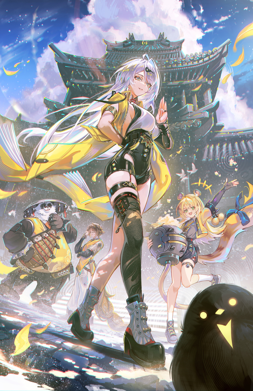 +++, 2boys, 2girls, ahoge, architecture, arm_behind_back, armlet, bird