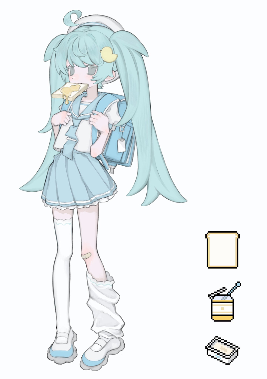 1girl, ahoge, am314, aqua_hair, asymmetrical_legwear, backpack, bag, bandaid