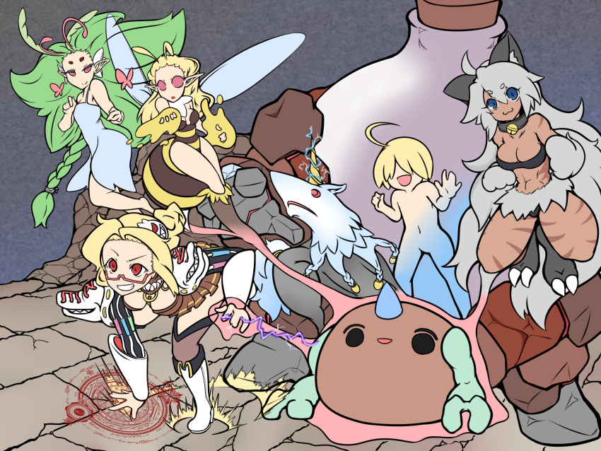 1boy, 4girls, animal_ears, antennae, arthropod_girl, bayeri_(ragnarok_online), bee_girl, bell