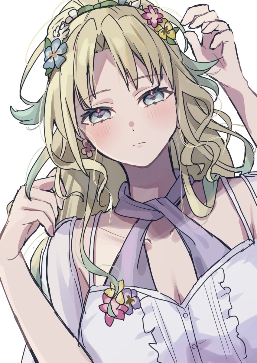 1girl, blonde_hair, blue_eyes, blue_flower, blue_hair, blush, breasts, cleavage