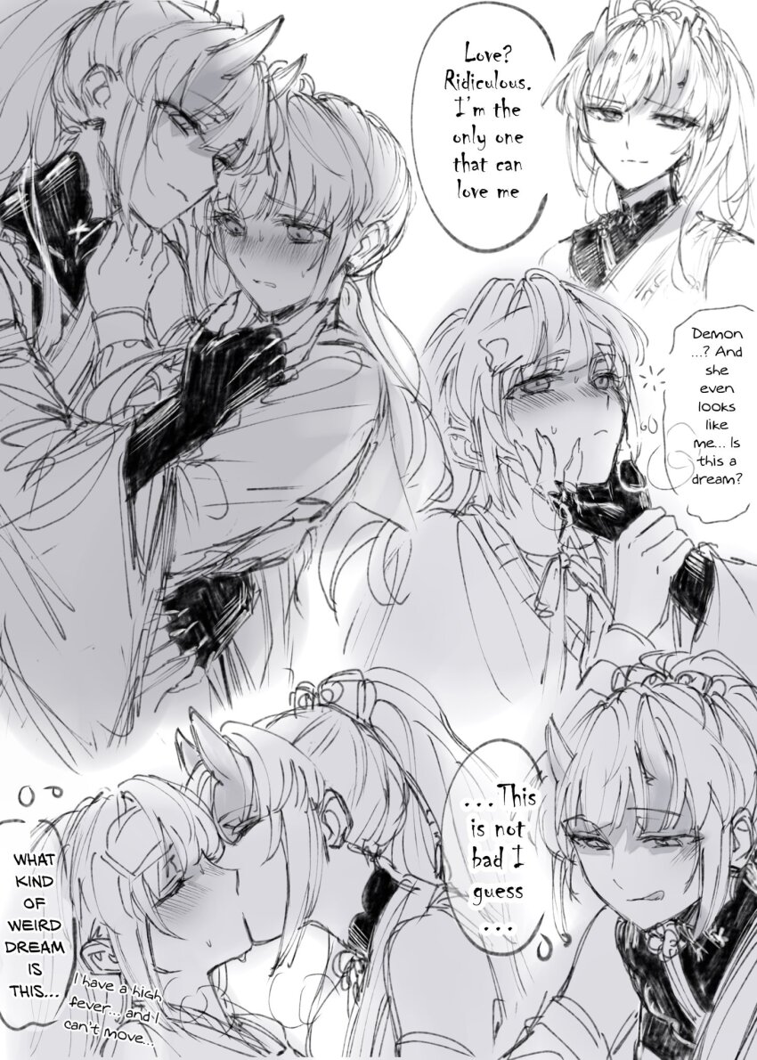 2girls, :q, blush, cardigan, closed_eyes, closed_mouth, commentary, detached_sleeves, dress, dual_persona, elbow_gloves, english_text, fingerless_gloves, gloves, grabbing_another's_face, greyscale, hair_between_horns, hair_down, head_grab, highres, horns, japanese_clothes, kimono, kiss, link!_like!_love_live!, long_hair, long_sleeves, love_live!, monochrome, multiple_girls, nose_blush, official_alternate_costume, oni, otomune_kozue, otomune_kozue_(setsubun_-mi-), otomune_kozue_(winter_loungewear), parted_lips, ponytail, selfcest, shaded_face, sidelocks, simple_background, skin-covered_horns, sleeveless, sleeveless_kimono, smile, smirk, speech_bubble, squeans, thought_bubble, tongue, tongue_out, translation_request, virtual_youtuber, white_background, yuri, zenma_trang