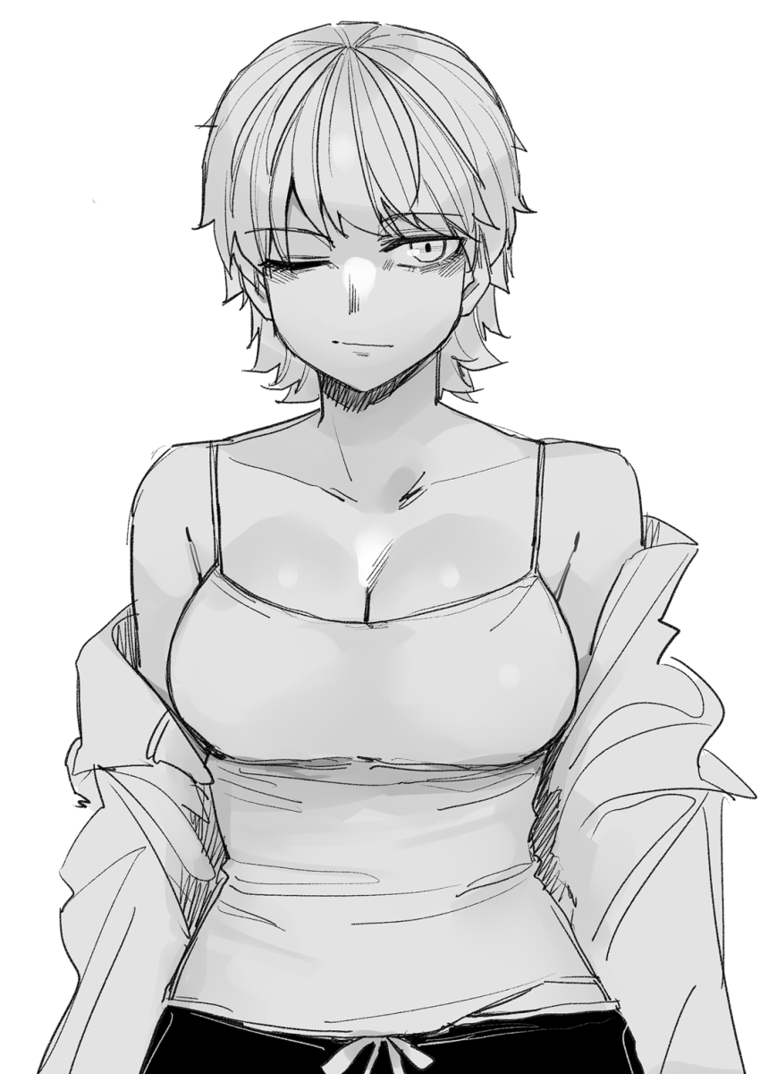 1girl, bare_shoulders, breasts, cleavage, closed_mouth, greyscale, highres, ikemen_joshi_to_josou_danshi, large_breasts, looking_at_viewer, monochrome, off_shoulder, one_eye_closed, reverse_trap, rindou_hazuki, short_hair, solo, tadd_(tatd)