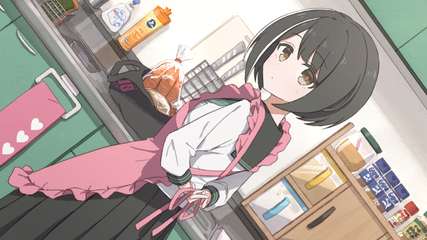 1girl, apron, bag, black_skirt, brown_eyes, counter, from_behind, fujiyama_(yellow)