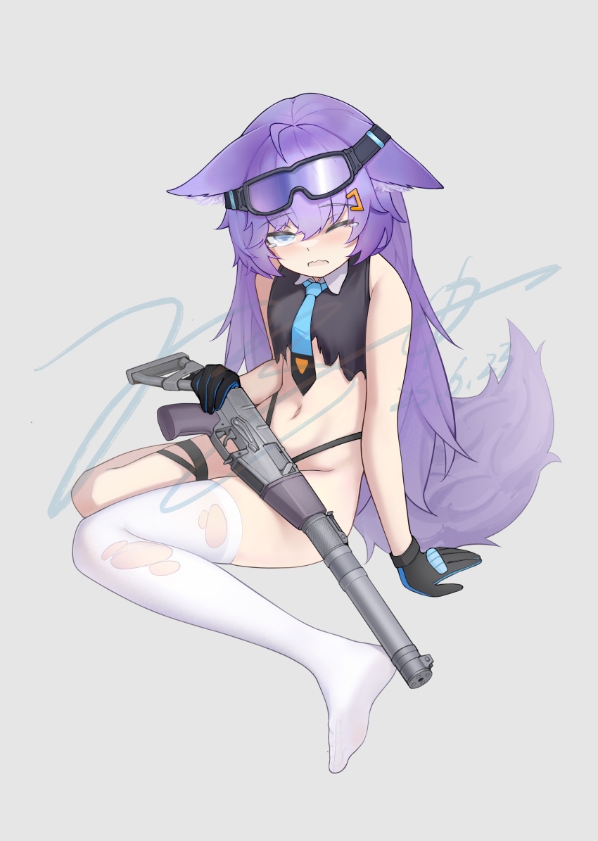 1girl, absurdres, ahoge, animal_ear_fluff, animal_ears, arm_support, as_val, assault_rifle