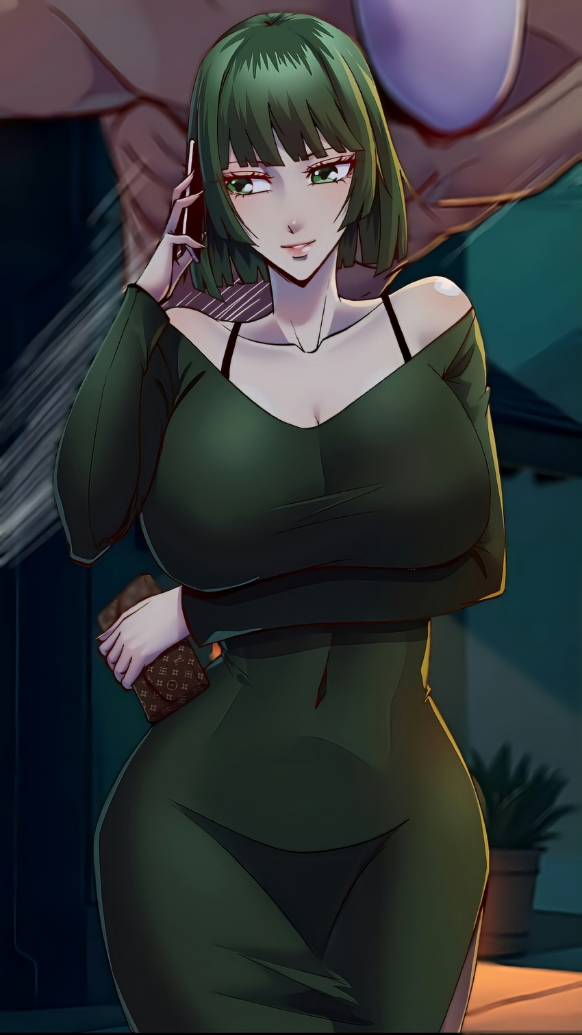 absurdres, background_blur, bag, black_bra, bra, bra_strap, breasts, cellphone