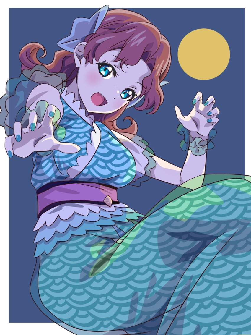 1girl, amabie, aqua_eyes, aqua_kimono, aqua_nails, blue_background, blush, border