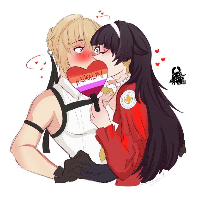 2girls, artist_logo, astra_yao, black_gloves, black_hair, blush, closed_eyes, collared_shirt