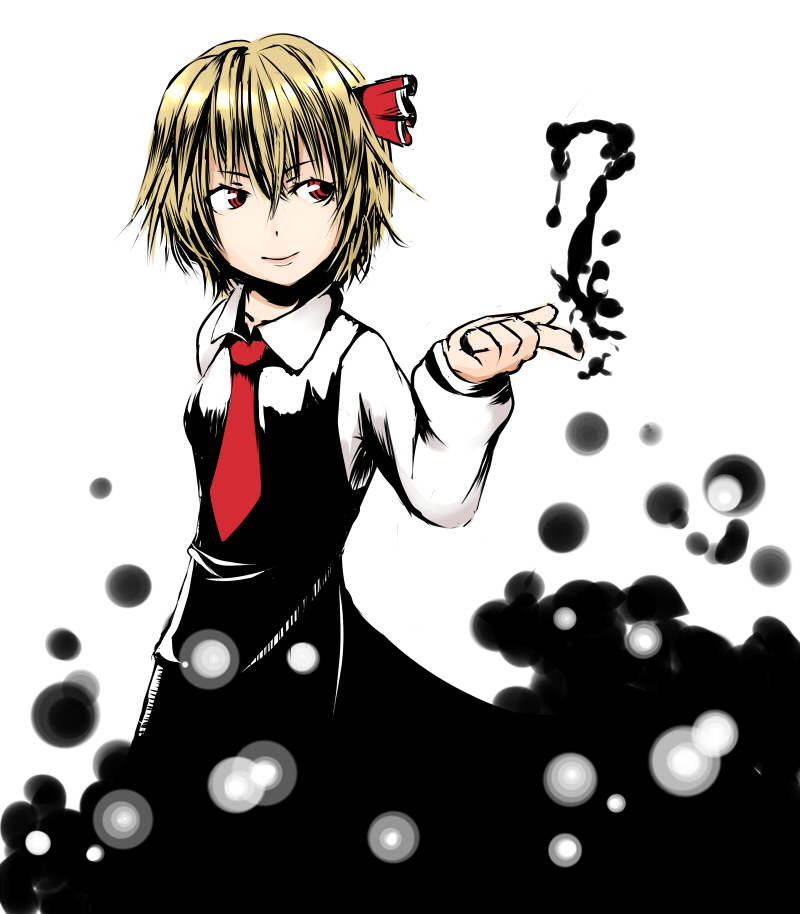 1girl, blonde_hair, darkness, dress_shirt, embodiment_of_scarlet_devil, female_focus, finger_painting, light_smile