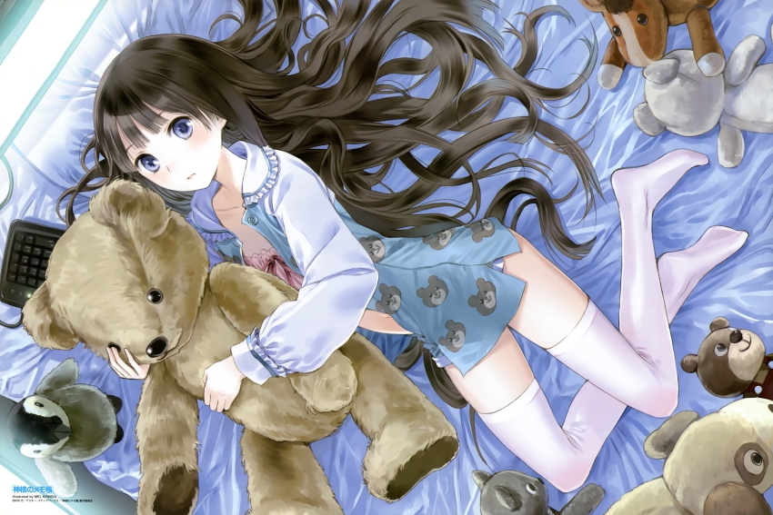 1girl, absurdres, animal_print, bear_print, black_hair, blouse, blue_eyes, computer_keyboard, doll, feet, female_focus, hair_spread_out, highres, hugging_doll, hugging_object, kami-sama_no_memo-chou, kishida_mel, legs, long_hair, lying, newtype, no_shoes, official_art, on_side, open_clothes, open_shirt, scan, shionji_yuuko, shirt, solo, stuffed_animal, stuffed_cat, stuffed_horse, stuffed_penguin, stuffed_toy, teddy_bear, thighhighs, very_long_hair, white_thighhighs, zettai_ryouiki