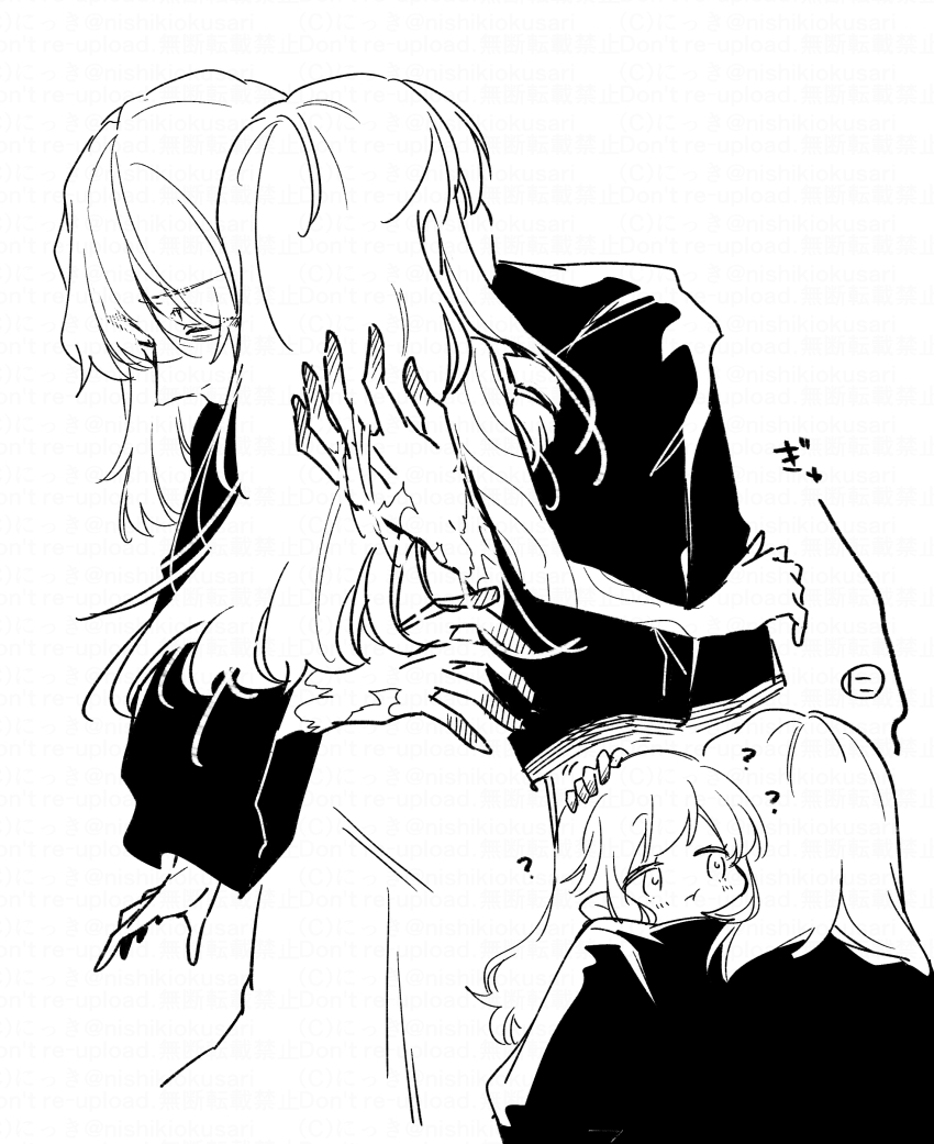 1boy, 1girl, :t, ?, absurdres, bare_arms, bare_shoulders, blush