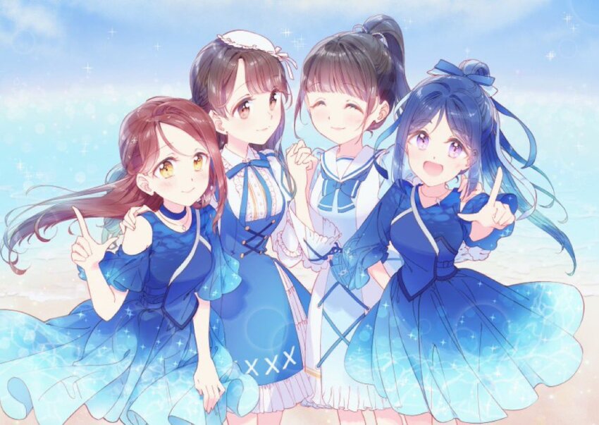 4girls, ^_^, aida_rikako, animification, aqours_finale_lovelive!_~eikyuu_stage~, bare_shoulders, black_hair, blue_bow