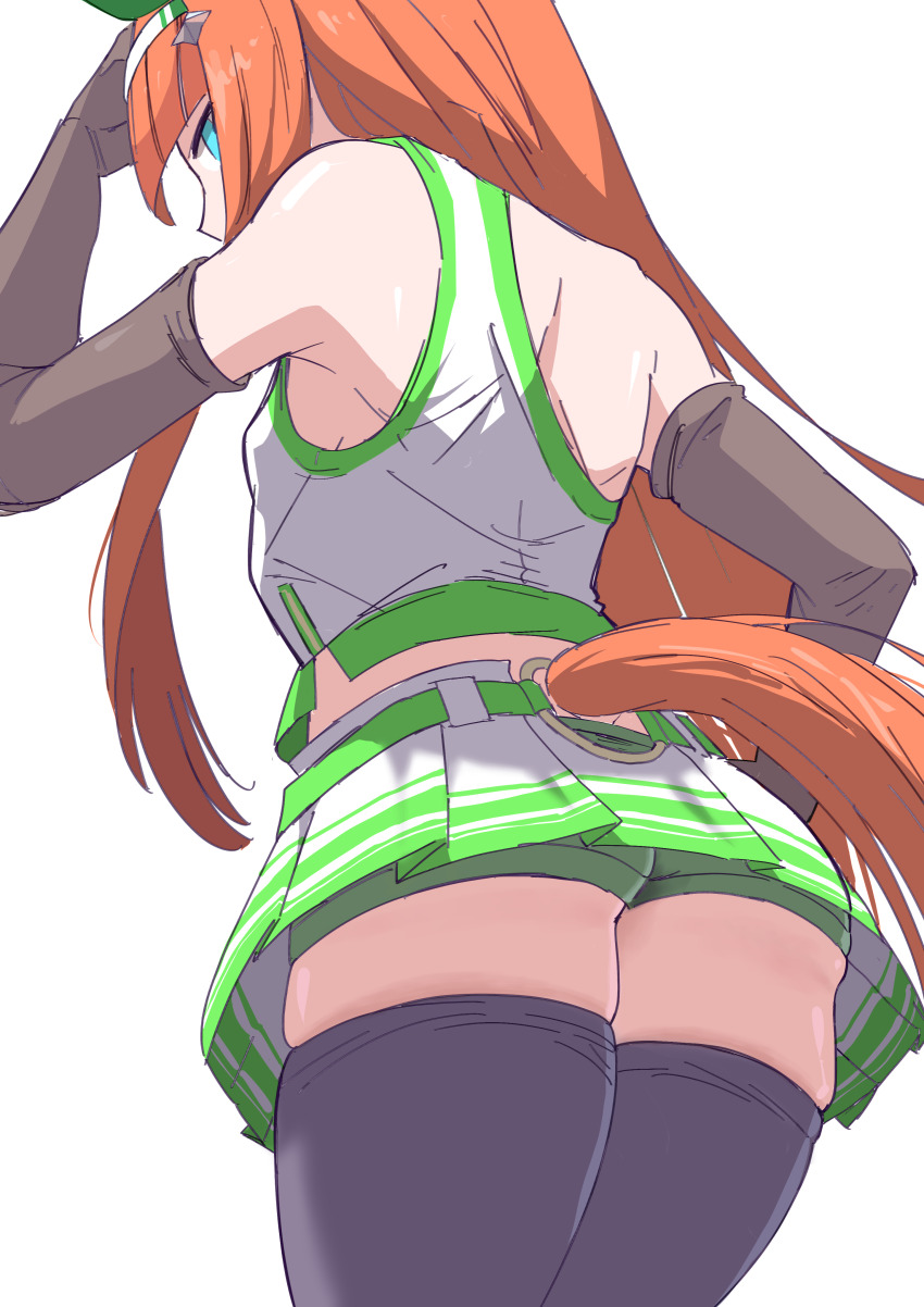 1girl, absurdres, animal_ears, ass, blue_eyes, blunt_bangs, blush, breasts, commentary_request, hair_ornament, hairband, highres, horse_ears, horse_girl, horse_tail, itosu200, looking_at_viewer, orange_hair, silence_suzuka_(umamusume), sleeveless, small_breasts, solo, tail, thighhighs, umamusume, white_background