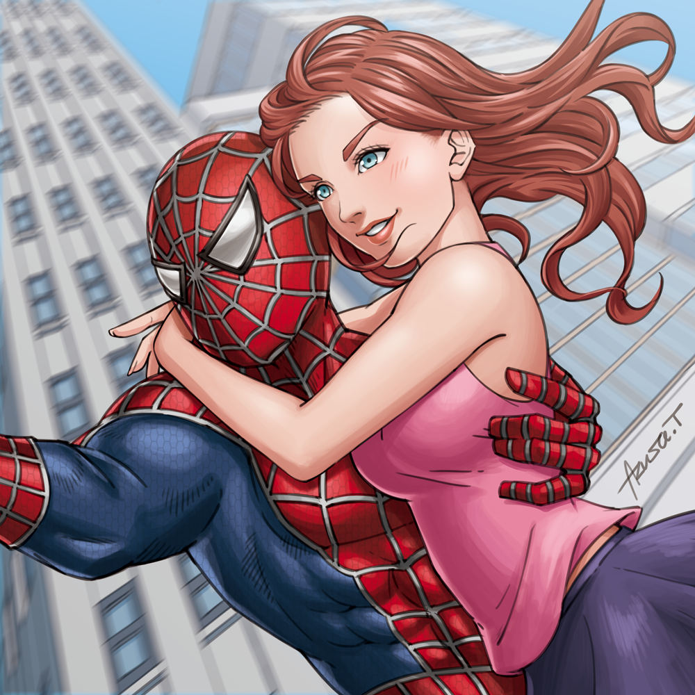 1boy, 1girl, abs, arm_around_shoulder, artist_name, azusa_tanaka, bare_arms, bare_shoulders