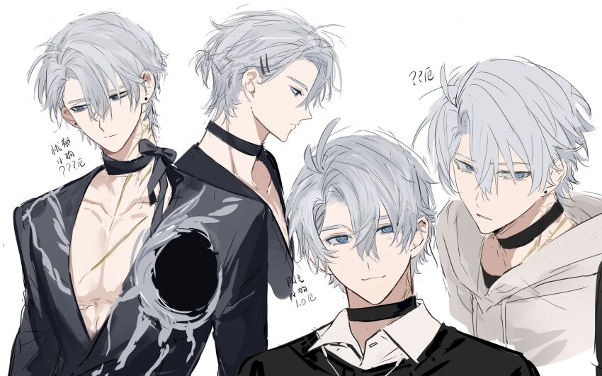 1boy, black_ribbon, black_shirt, blue_eyes, casual, closed_mouth, collarbone, collared_shirt