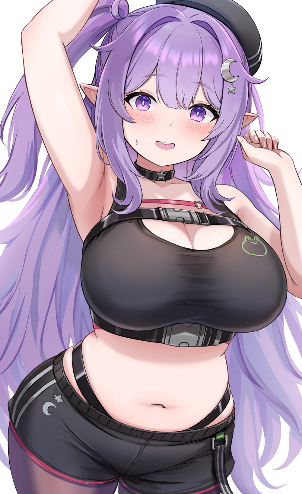 1girl, arm_up, armpits, beret, black_choker, black_hat, black_shorts, blush