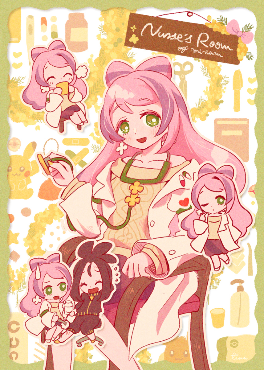 2girls, bandaid, black_hair, black_pants, black_shirt, blush, book, border