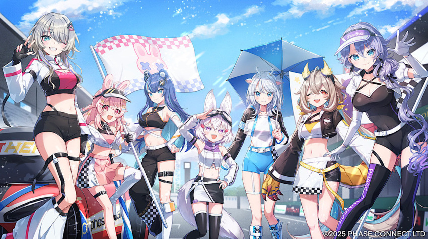 6+girls, ;d, alternate_costume, animal_ears, antlers, aqua_eyes, asymmetrical_clothes, bear_ears, bear_girl, belt, blue_hair, breasts, brown_hair, car, checkered_clothes, claws, cleavage, closed_mouth, commentary_request, company_name, copyright_name, copyright_notice, cropped_jacket, day, deer_antlers, deer_ears, deer_girl, detached_sleeves, dragon_girl, dragon_horns, dragon_tail, elbow_gloves, feet_out_of_frame, fingerless_gloves, flag, fox_ears, fox_girl, fox_tail, fujikura_uruka, gloves, goggles, goggles_on_head, grey_hair, hair_ornament, hakushika_iori, half-skirt, holding, holding_flag, holding_umbrella, horns, leg_warmers, long_hair, long_sleeves, looking_at_viewer, midriff, miniskirt, motor_vehicle, multiple_girls, navel, official_art, one_eye_closed, open_mouth, orange_eyes, outdoors, phase_connect, phase_origins, pink_eyes, pink_hair, pipkin_pippa, pleated_skirt, rabbit_ears, rabbit_girl, race_queen, race_vehicle, rinkou_ashelia, shinishi_chiho, shisui_michiru, shoes, short_shorts, short_sleeves, shorts, single_pantsleg, skirt, sky, smile, standing, tail, tenma_maemi, thighhighs, umbrella, utatane_nasa, virtual_youtuber, visor_cap, w, waving, white_hair
